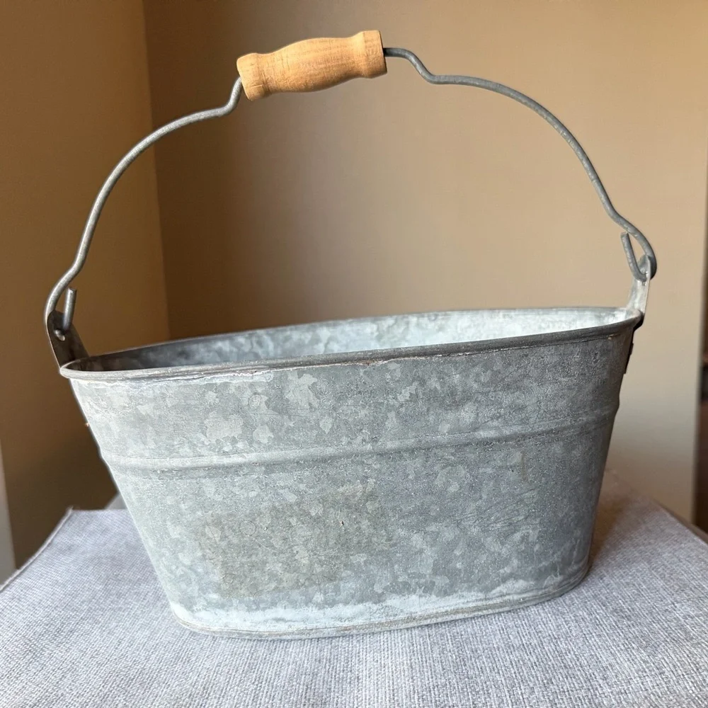 Rustic Galvanized Metal Bucket w/ Wooden Handle Farmhouse Decor
